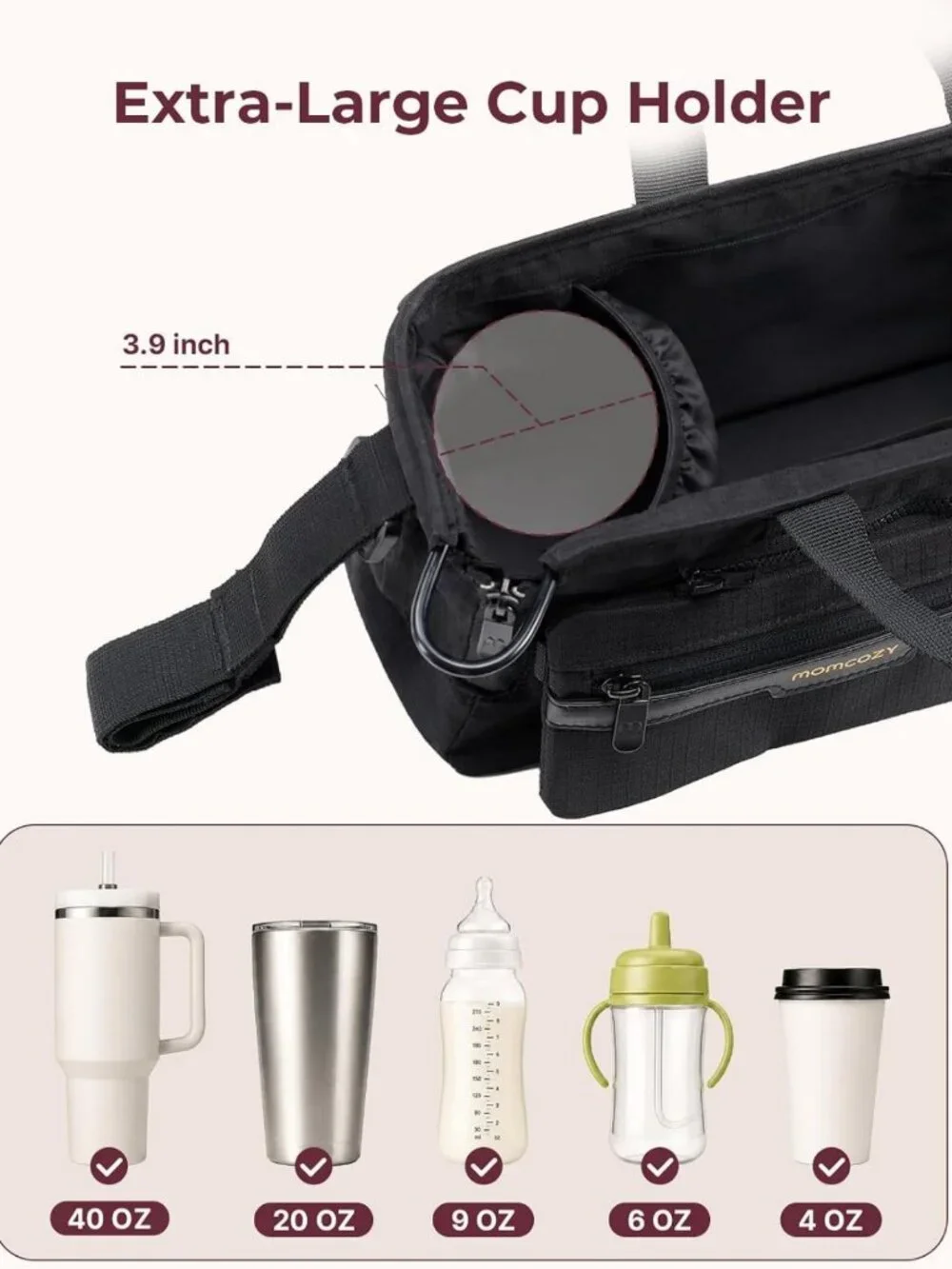 Stroller Organizer with 40 oz Tumbler Holder & Non-Slip Straps for Moms